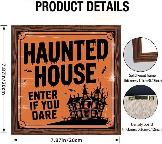 Vintage Halloween Haunted House Enter If You Dare Wooden Sign 7.87x7.87 Inch, Halloween Wall Art Wooden Sign For Porch, Bathroom, Cafe, Bar, Office Hanging Decor - Image 4