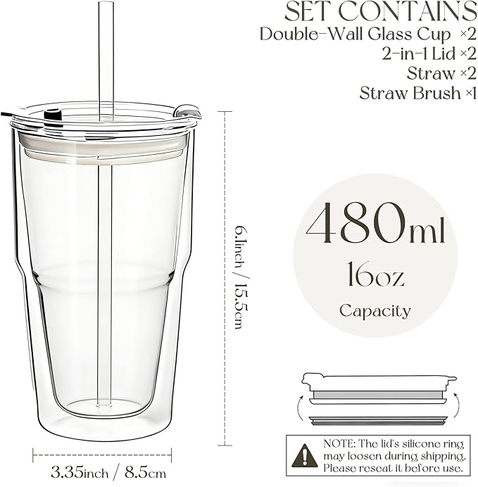 KEMORELA 16oz Clear Glass tumbler with Lids and Straws 2pcs,Double Wall Iced Coffee Cups with Lids,Coffee Bar Accessories, Insulated Borosilicate Glass Tumblers, To Go Coffee Cups, Spill proof