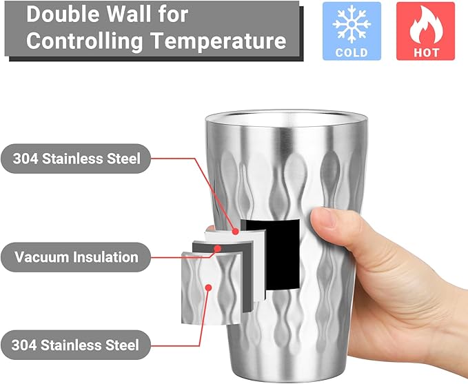 Stainless Steel Double Wall Cups, 16 oz Insulated Tumbler, 8 Pack Unbreakable Stackable Water Tumblers Insulated Metal Cup Premium Drinking Glasses for Travel Camping Home Outdoor