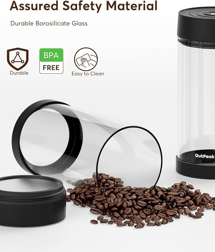 OUTPEAK Neo Latest Automatic Vacuum Coffee Canister, 1.35L for 17.6oz Coffee Beans, One-Button Operation,Large Airtight Coffee Canister with Scoop,Coffee Storage Container Glass(Champion's Choice)
