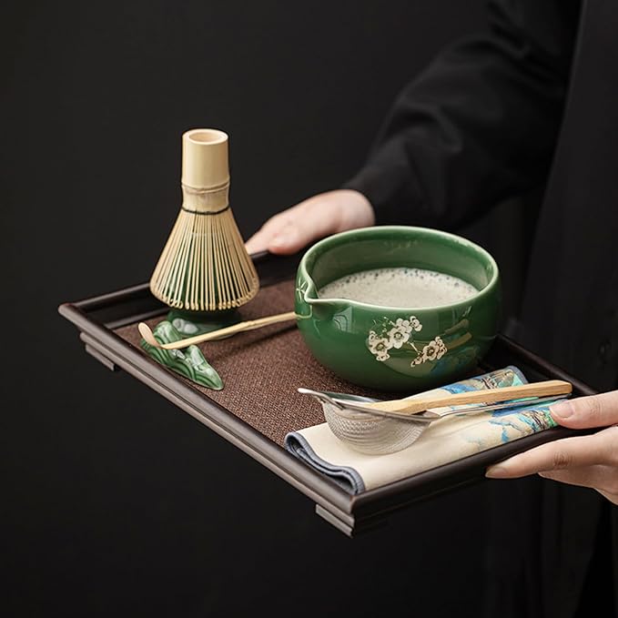 Matcha Whisk Set, Ceramic Matcha Kit Set Includes Matcha Bowl, Matcha Whisk and Holder, Bamboo Scoop and Spoon, Scoop Rest, Sifter and Tea Towel - 8 Pcs Matcha Kit for Matcha Lovers, Green