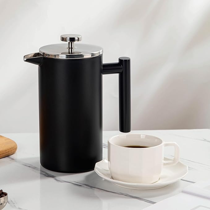 YOLIFE 34 OZ Large French Press, Premium Stainless Steel Sturdy Insulated French Press Coffee Maker, 4-8 Cups French Coffee Press, Tea Presses for Home Kitchen Caming Loose Tea, Elegant Black