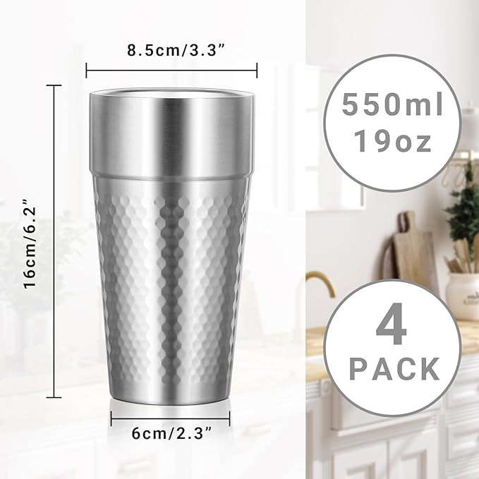 Stainless Cups, 19 oz Double Wall Insulated Tumbler, 4 Pack Unbreakable Stackable Water Tumblers Insulated Metal Cup Premium Drinking Glasses for Travel Camping Home Outdoor Office
