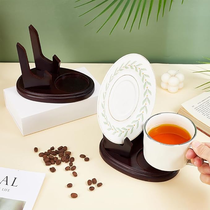 PH PandaHall 2pcs Wood Tea Cup and Saucer Display Stand, Brown Single Cup Display Wooden Saucer Holder Racks Organizer for Kitchen Table Plate Art Decorative, 5.9x3.8x4.4 inch