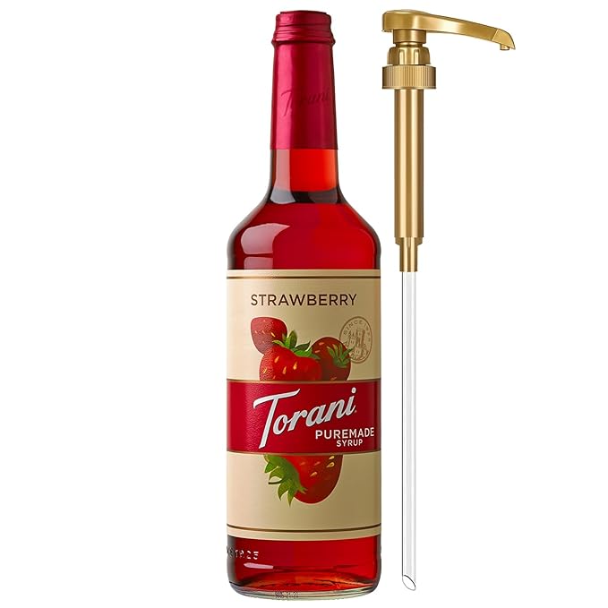 Torani Puremade Syrup, Strawberry Flavoring for Drinks, GMO Free, Glass Bottle with Pump Included, 25.4 Fl Oz