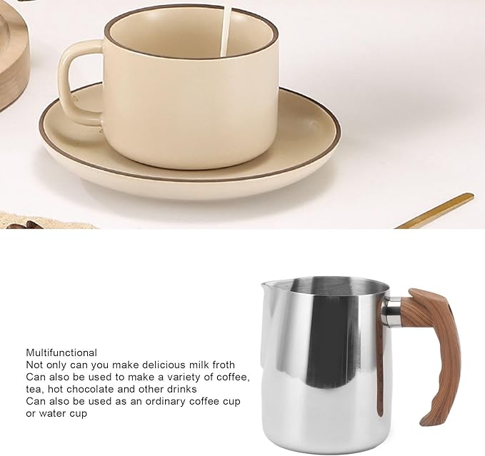 Milk Frothing Pitcher 20oz, Stainless Steel Coffee Steaming Pitcher with Measurement Scale, Pointed Spout, Ergonomic Handle for Latte Art, Cappuccino, Home, Cafe, Espresso Machine Accessories(Silver)