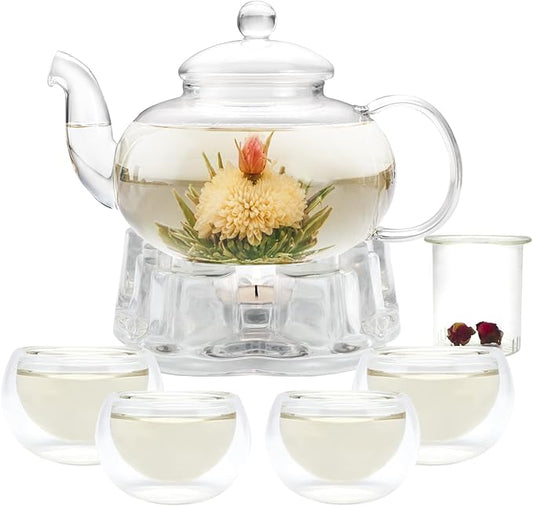 Glass Teapot Set, 34OZ/1000ML Glass Tea Kettle with Loose Tea Infuser & Warmer, 5OZ/150ML Double-Wall Tea Cup Set of 4, Stovetop & Microwave Safe Tea Maker, Blooming Tea Gift Set For Women