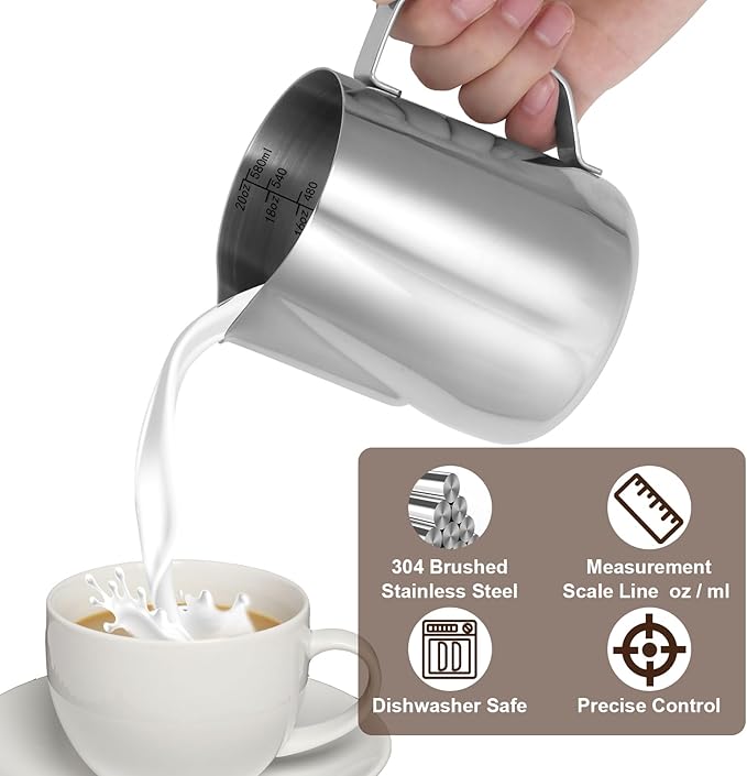 Milk Frothing Pitcher,Milk Steaming Frother Cup,Barista Cappuccino Latte Art Milk Jug with Decorating Pen,Stainless Steel Espresso Coffee Bar Accessories Tools (Silver, 20oz)