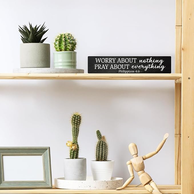 AGMDESIGN Worry About Nothing Pray About Everything Bible Verse Wood Sign, Christian Hanging Wooden Plaque for Prayer Room Church Bedroom Home, Faith-Based Wall Decor for Shelf Desk Door - Image 4