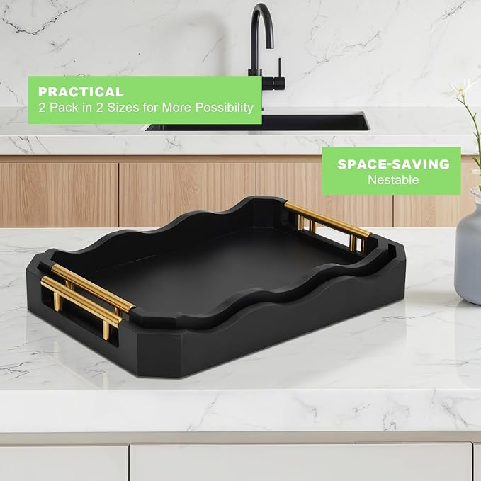 2 Pack Bamboo Trays with Handles - Decorative Stackable Ottoman & Serving Trays for Coffee Table, Breakfast in Bed, Couch Snacking, Home Decor (Black)