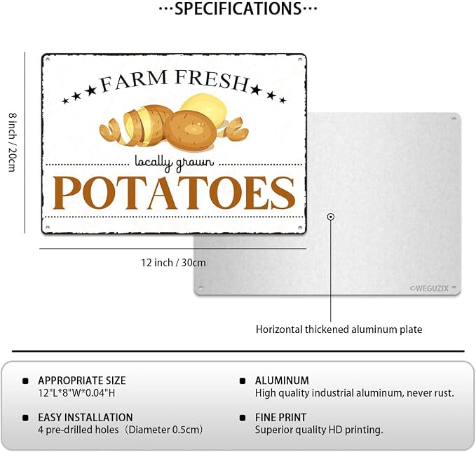Vintage Potatoes Metal Signs Wall Decor Funny Vegetables Art Poster Decorative for Home Farmhouse Kitchen Garden Cafe Bar Farm Porch Fence Yard 12X8 Inch Aluminium Hanging Plaque - Image 2