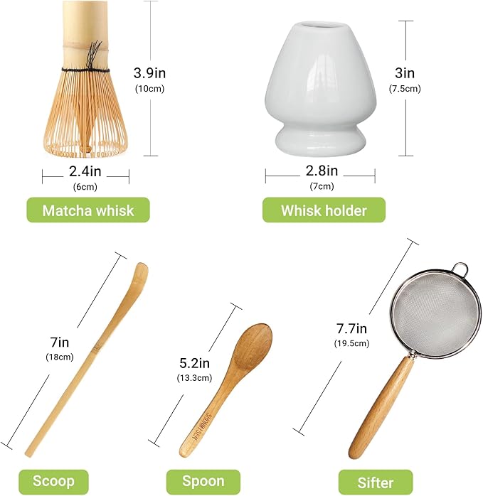 Bamboo Matcha Whisk Set -Matcha Whisk (Chasen),Whisk Holder(White),Sifter,Tea Scoop and Tea Spoon