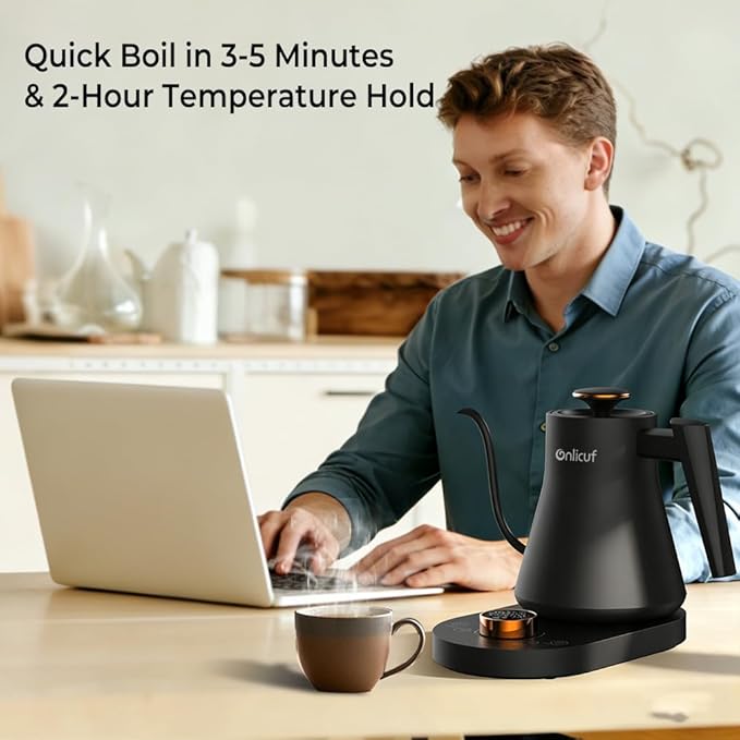 Electric Gooseneck Kettle with Temperature Control, 0.8L Pour Over Coffee, ±1°F Precision Heating, 7 Presets, Stainless Steel Inner, Electric Tea Kettle with 2H Keep Warm, Matte Black