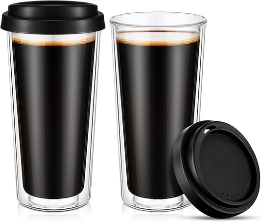 Honeydak 2 Pack 16 oz Double Walled Glass Coffee Mugs with Silicone Lids Clear Insulated Glass Travel Cups Reusable Hot and Iced Coffee Tumblers for Travel Home Office