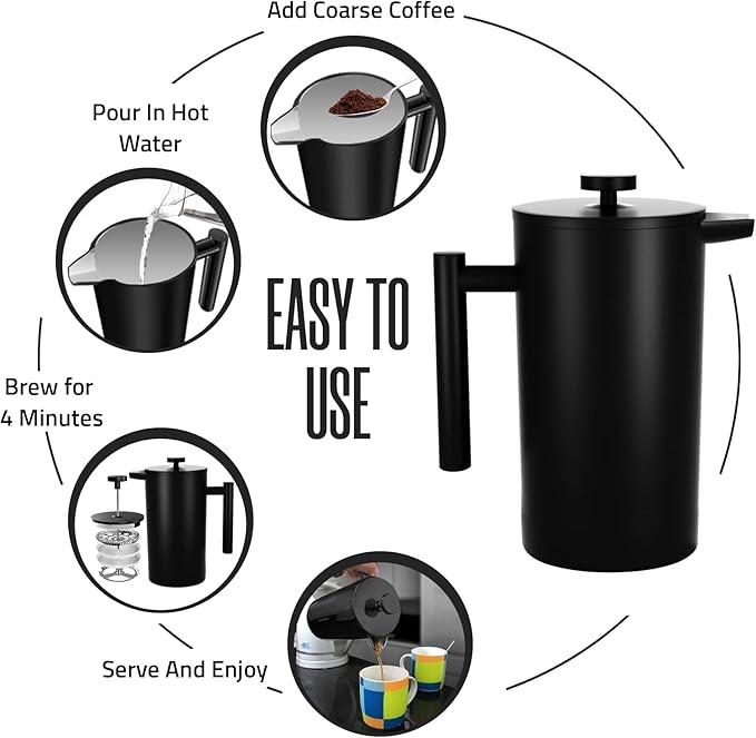 Utopia Kitchen 304 Grade Stainless Steel French Press Coffee Maker 50 Oz, Double Wall Insulated Coffee Press with 4-Level Filtration system, Include 2 Extra Filters, Rust-Free, Black