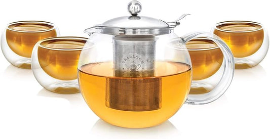 Teabloom Stovetop Safe Glass Teapot with Removable Infuser (40oz/1200ml) and Four Double Walled Glass Cups (5oz/150ml) - Classica Tea Set