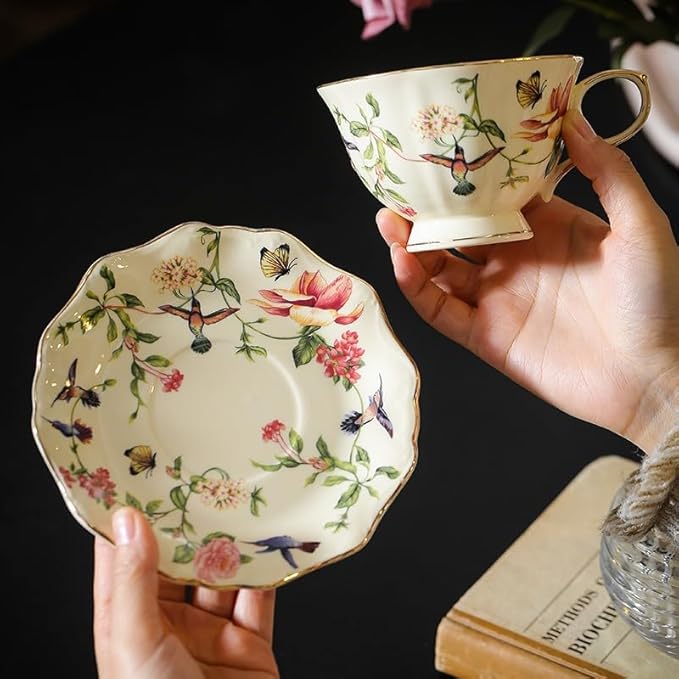 8 oz Vintage flower Ceramic cup and 6" saucer set with Brand customized stainless steel spoon Gifts for Afternoon Tea Coffee Hour (G)