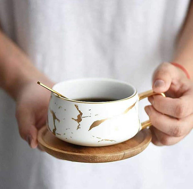 Jusalpha 10 oz Luxury Golden Hand Print Teacup Coffee Cup with Bamboo Saucer Set TCS19 (2 Sets, White)