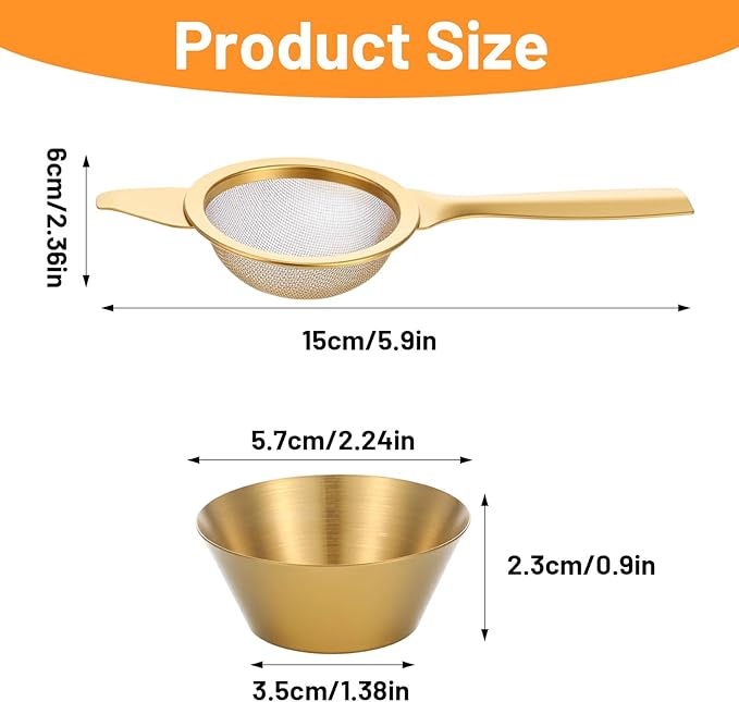 2 Pcs 2.36 Inch Mini Matcha Sifter, 30 Fine Mesh Stainless Steel Tea Strainer Dual-Use Matcha Sifter with Drip Cup for Loose Tea Coffee(gold)