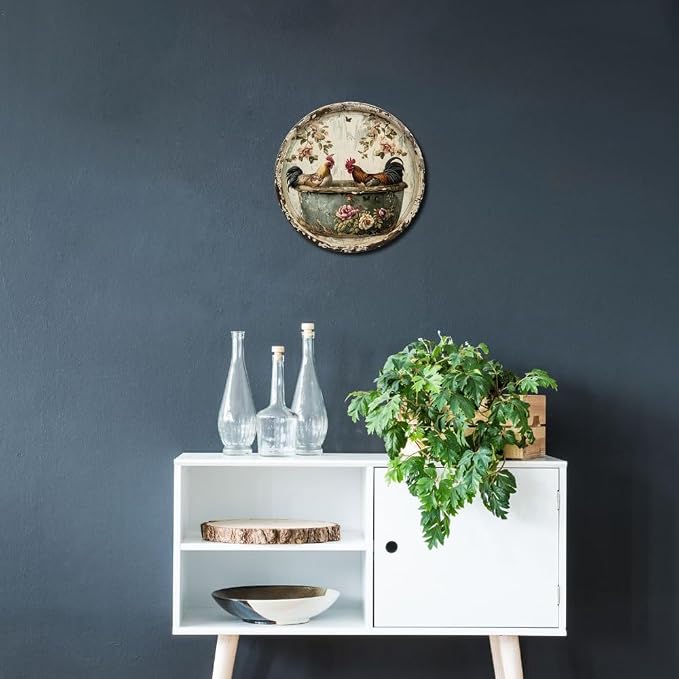 1pc Vintage Round Bathroom Aluminum Metal Decor Sign, 8x8 Inch, Chicken Themed Wreath, Use Without Electricity, No Feathers, with for Home, Living Room Wall Decoration - Image 4