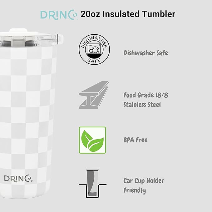 Drinco - 20 oz Stainless Steel Tumbler | Double Walled Vacuum Insulated Mug With Lid, 2 Straws, For Hot & Cold Drinks (20oz Checker)