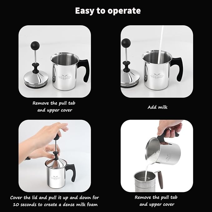 MERMOO YILAN Manual Milk Frother 14oz Stovetop Milk Foamer Non-electric Handheld Frother for Latte Art and Cappuccinos Perfect for Camping, Travel, Home (Silver)