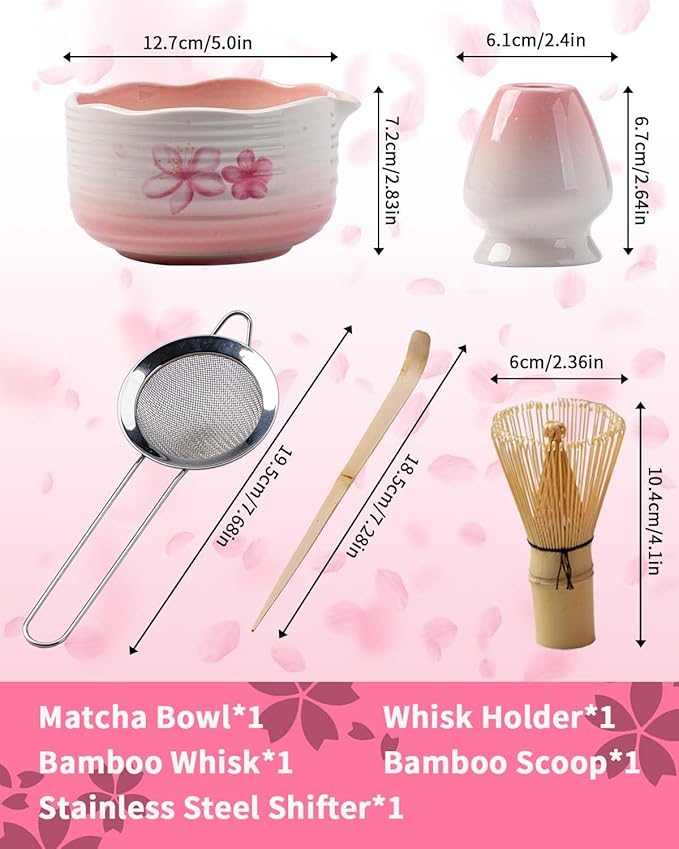 Pottery Matcha Set - Japanese Handcrafted Matcha Tea Bowl Mineral Glaze Bowl with Spout, Bamboo Whisk, Scoop & Chasen Holder | 5pc Tea Ceremony Kit for Matcha Lovers (Sakura Fubuki)