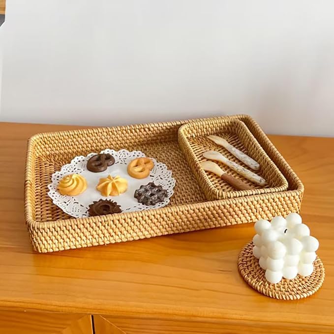 RT&BS Large Rattan Tray Rectangle, Rattan Barbecue Tray, Natural Rattan Serving Trays, Bathroom Vanity Trays, Handwoven Serving Basket for Food, Drinks, Decor in Kitchen, Restaurant, Bar, Cafés