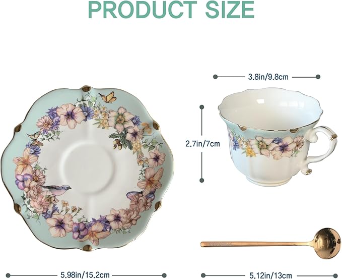 Vintage Floral Porcelain Tea Cup and Saucer Set with Spoon, Gold Trim, 6.4 oz – Set of 1, Teal – Tea & Espresso & Coffee Cups (1, Teal)