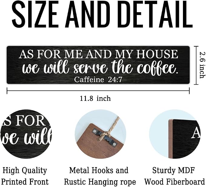 AGMDESIGN As For Me and My House We Will Serve The Coffee Wood Sign, Coffee Lover Gifts, Kitchen Dining Room Wall Decor for Shelf Desk Door, Farmhouse Living Room Cafe Restaurant Hanging Wooden Plaque - Image 2