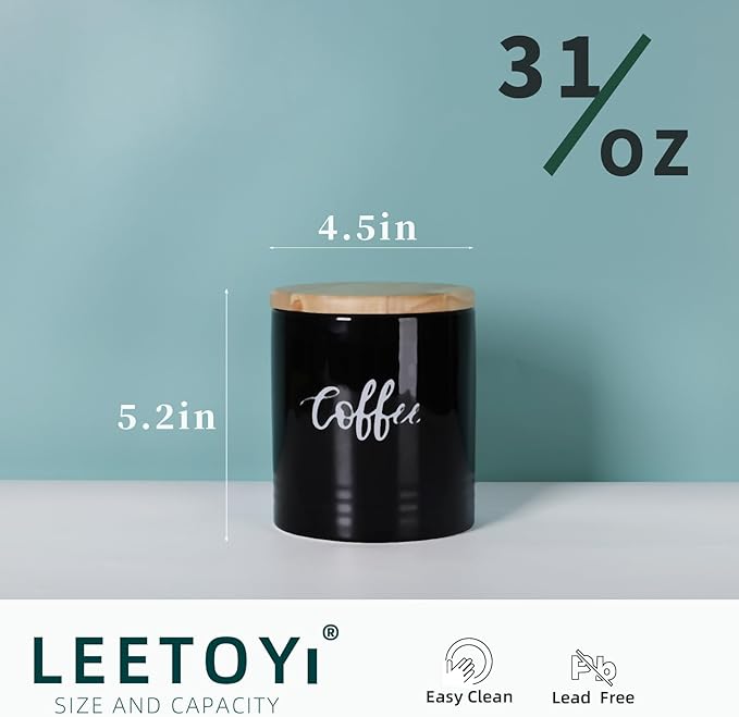 LEETOYI Porcelain Food Storage Containers with Lid, 4.5 Inch 31oz, Black Labeled Coffee