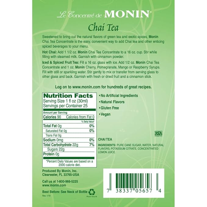 Monin - Chai Tea Concentrate, Spiced Green Tea Flavor, Natural Flavors, Great for Spiced Chai Teas, Coffee Drinks, Dessert Cocktails, and Other Culinary Creations, Non-GMO, Gluten-Free (1 Liter)