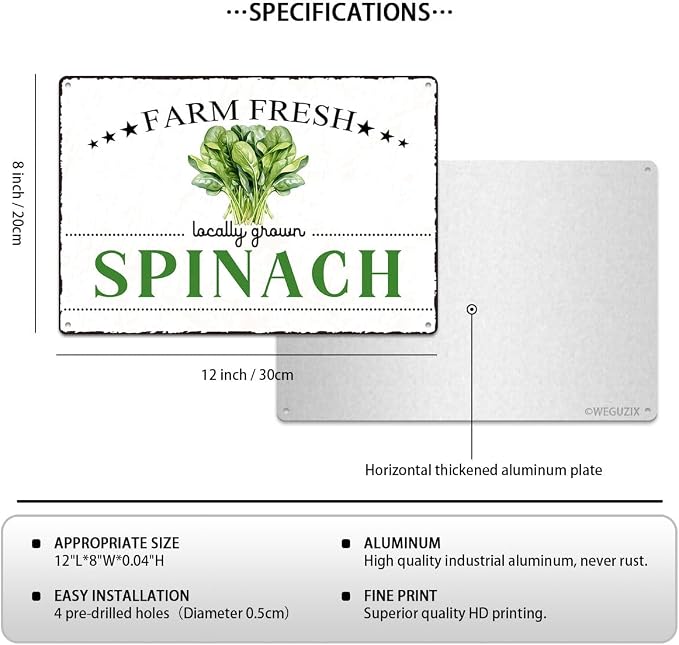 Vintage Spinach Metal Signs Wall Decor Funny Vegetables Art Poster Decorative for Home Farmhouse Kitchen Garden Cafe Bar Farm Porch Fence Yard 12X8 Inch Aluminium Hanging Plaque - Image 2