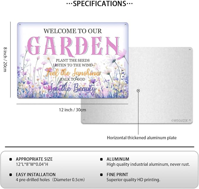 Welcome to our Garden Sign Garden Rules Art Print Poster Wall Decor Lavender Purple Vintage Metal Signs Outdoor Home Farmhouse 12x8 Inch Aluminium Hanging Plaque - Image 2