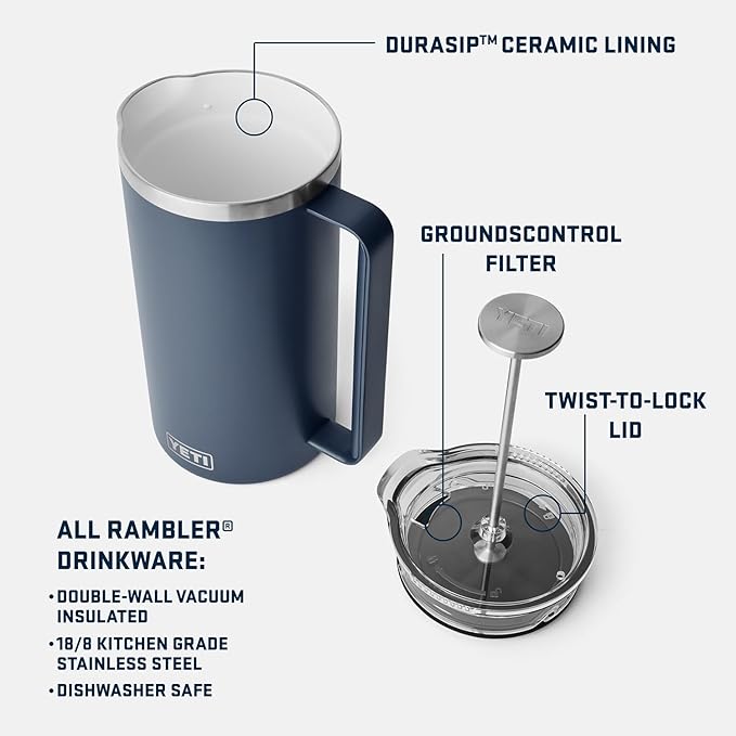 YETI Rambler 34 oz. French Press Coffee Maker, (1) 16 oz Travel Bottle, Stainless Steel, Navy