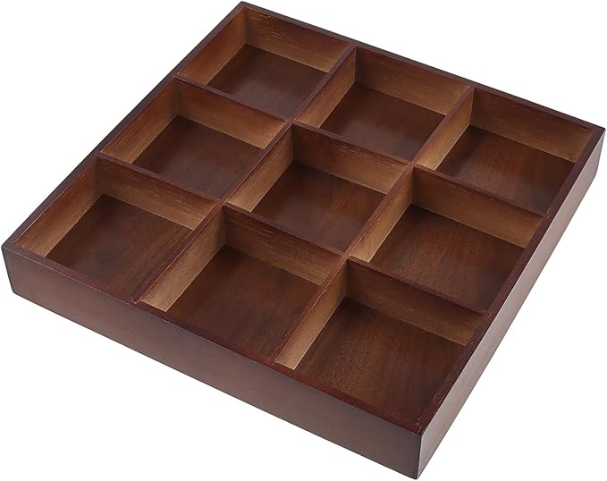 FUNSUEI 2 PCS Multi Compartment Wooden Tray, Divided Wooden Tray, Bamboo Serving Tray with 9 Sections, Wood Divided Snack Tray Storage Box for Appetizers, Jewelry, 12 x 12 x 1.85 Inch