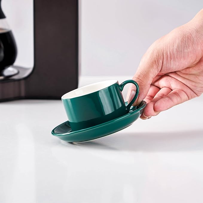 4oz Porcelain Stackable Espresso Cups with Saucers and Metal Stand Set of 4, Stackable Espresso Cups Set of 4, Green Expresso Shots Cup Set for Coffee Drinks, Cappuccino Latte, Americano, Tea