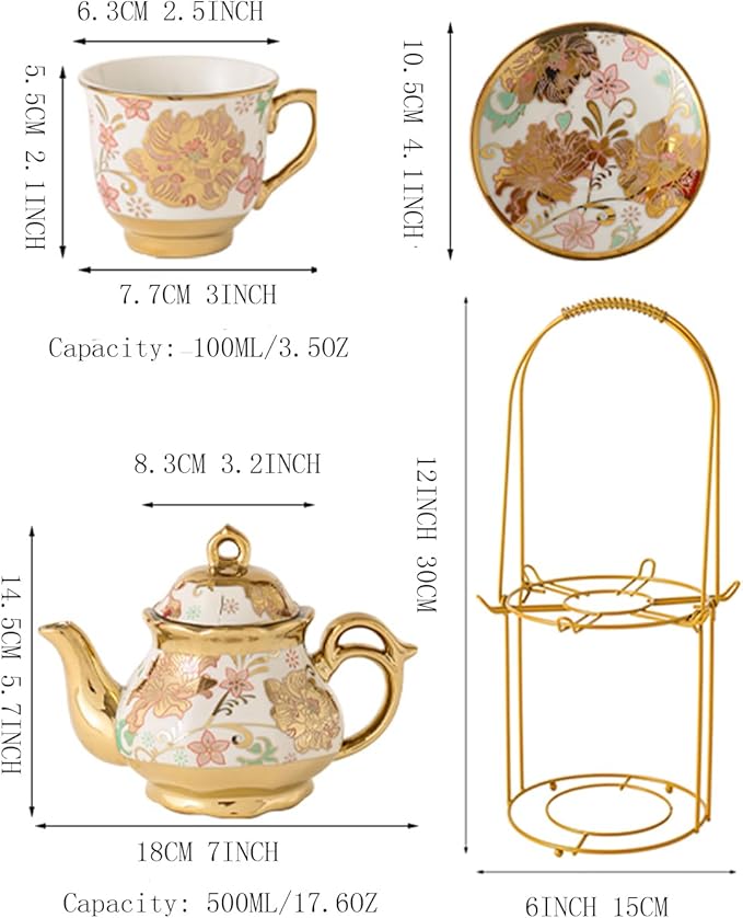 CHANJOON Gold Plated Red Rose Ceramic Tea Set, Vintage Tea Sets with Teapot, Beautiful Tea Set Coffee Serving 6 People (pink, Medium)