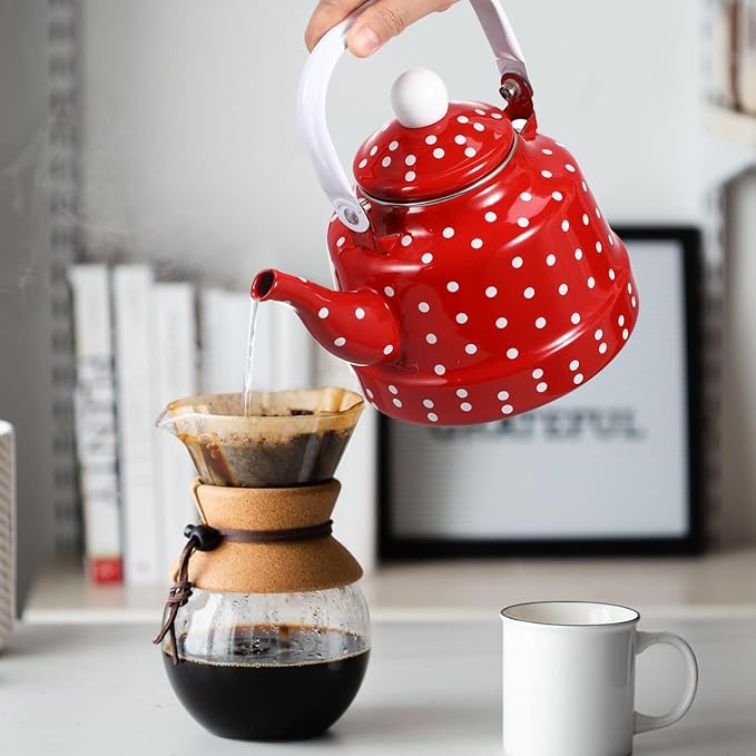 1.8 Quart Vintage Tea Kettle,Enamel Tea Kettle with Handle Cute Stovetop,Enamel on Steel Water Coffee,Colorful Hot Water Kettle for Home Kitchen Decor, No Whistling