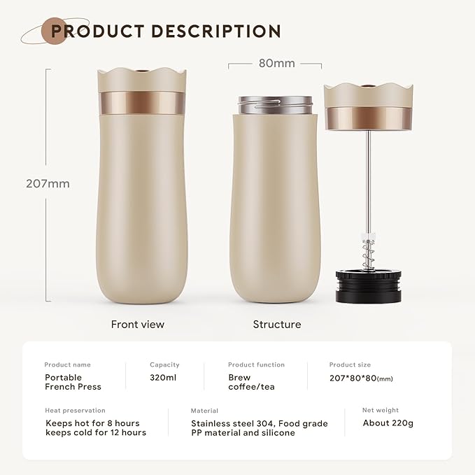 Portable Travel French Press Coffee Maker 12oz Portable French Coffee Maker and Tea Maker Double Walled Stainless Steel Vacuum Insulated Coffee Mug Great for Camping and Traveling (Rose)