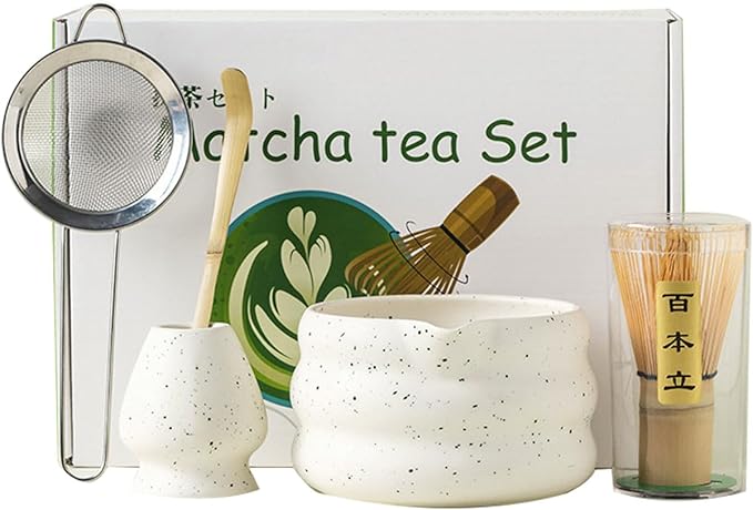 Matcha Whisk Set - 5PCS Ceramic Matcha Set Includes 19OZ Matcha Bowl with Spout, Bamboo Chasen Whisk with Ceramic Holder, Bamboo Scoop and Stainless Sifter, Gift for Matcha Lovers