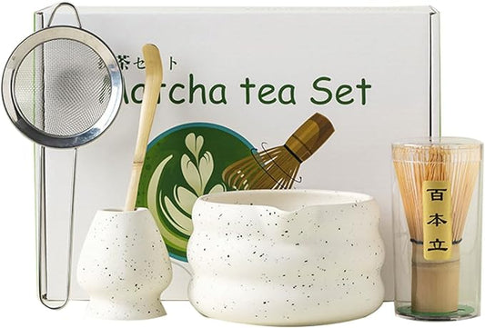 Matcha Whisk Set - 5PCS Ceramic Matcha Set Includes 19OZ Matcha Bowl with Spout, Bamboo Chasen Whisk with Ceramic Holder, Bamboo Scoop and Stainless Sifter, Gift for Matcha Lovers