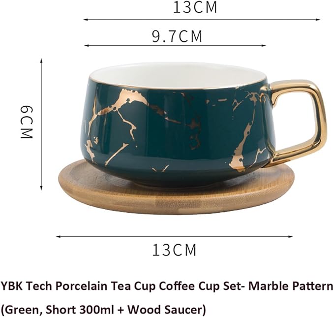 YBK Tech Porcelain Tea Cup Coffee Mug Set for Afternoon Tea - Marble Pattern (Green, Short 300ml + wood saucer)