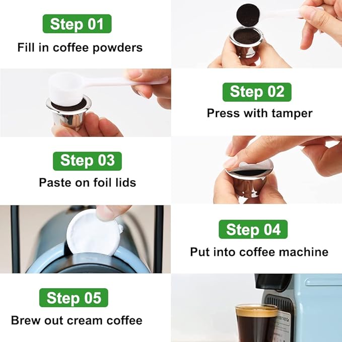 Reusable Espresso Capsules Refillable Coffee Pods Stainless Steel Cups Filters Compatible for Nespresso Original Line Machines with Aluminum Foil Seals Stickers Lids (2 Cups+100 Lids)