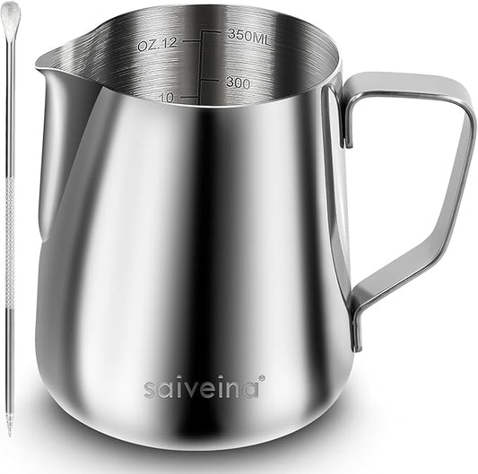 Milk Frothing Pitcher, Espresso Steaming Pitcher 12oz,Espresso Machine Accessories,Stainless Steel Milk Coffee Cappuccino Barista Steam Pitchers Milk Jug Cup with Decorating Pen Latte Art