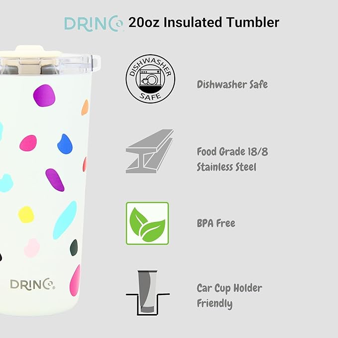 Drinco - 20 oz Stainless Steel Tumbler | Double Walled Vacuum Insulated Mug With Lid, 2 Straws, For Hot & Cold Drinks (20oz Blots)