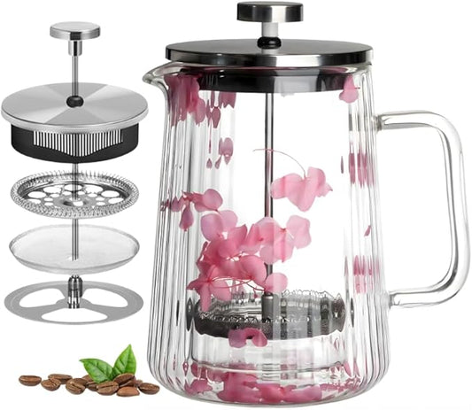 Glass French Press Coffee Maker 22oz (Pink Floral) – Double-Wall Borosilicate Ribbed Coffee Press with Stainless Steel Filter, Manual Coffee Brewer & Tea Press