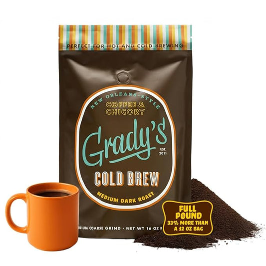 GRADY'S COLD BREW, New Orleans Style, 100% Arabica Medium Dark Roast Coffee & Chicory, Ground for Hot Coffee and Cold Brew, One pound bag