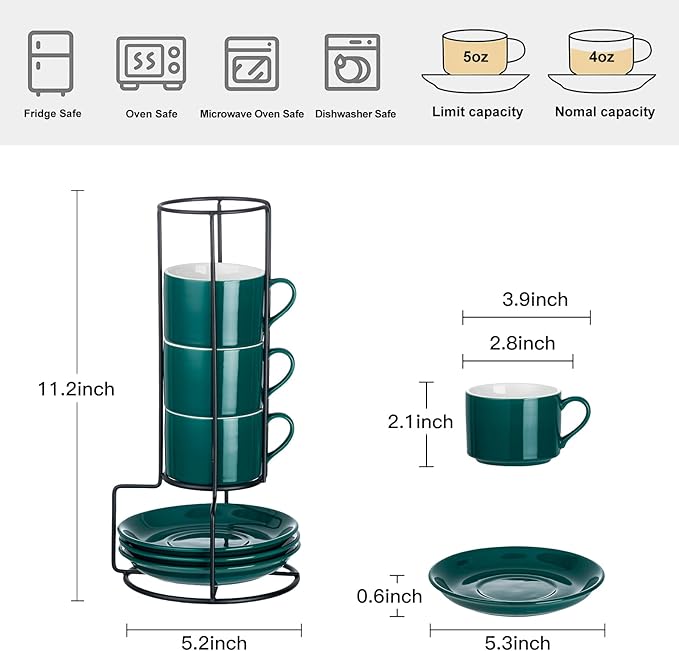 4oz Porcelain Stackable Espresso Cups with Saucers and Metal Stand Set of 4, Stackable Espresso Cups Set of 4, Green Expresso Shots Cup Set for Coffee Drinks, Cappuccino Latte, Americano, Tea