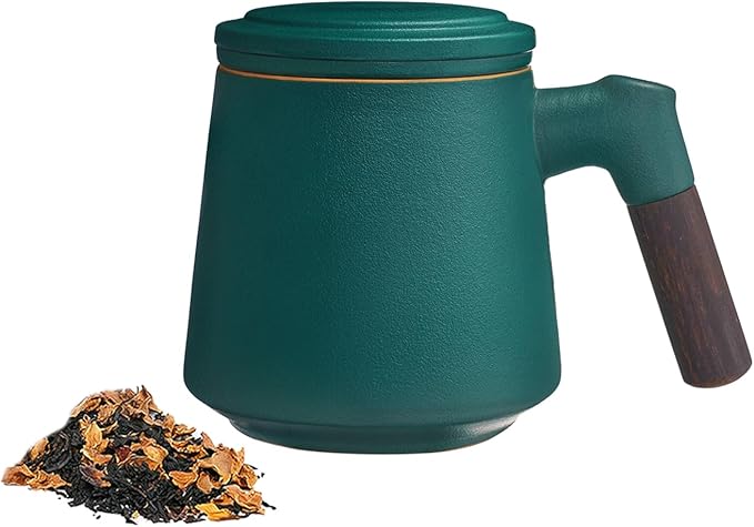 ZENS Tea Cup with Infuser and Lid, 11 oz Ceramic Steeper Mug for Loose Leaf Tea Lovers Gifts, Wood Handle Tea Strainers Green